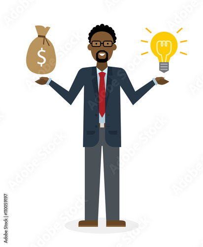Businessman with idea bulb and money bag on white background. Isolated cartoon chararter. African american businessman investor. Innovation.