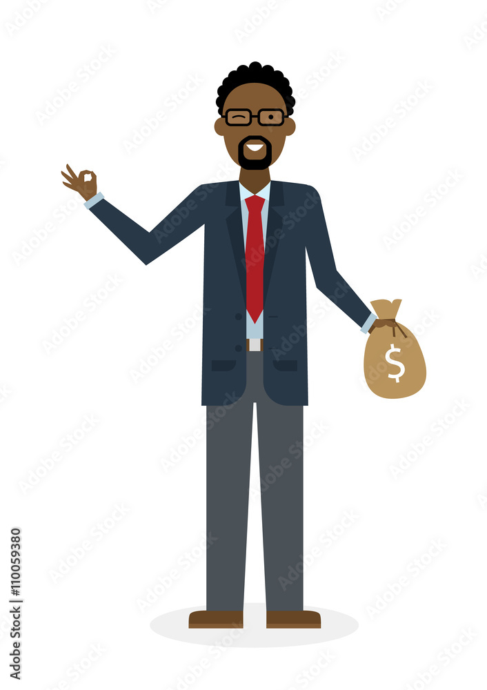 Businessman with money bag and ok gesture on white background. Isolated character. African american businessman holding money bag. Concept of successful job. Businessman with money bag and ok gesture on white background. Isolated character. African american businessman holding money bag. Concept of successful job.