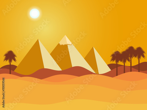 Egyptian pyramids. Sun over the pyramids. Desert. Vector illustration.