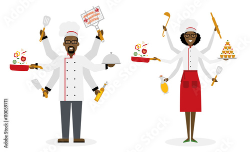 Multitasking african american chef with six hands standing on white background and holding a meal, knife, paddle, pan with vegetabes, oil and barbeque. Successful cook. Restaurant chef. Man And Woman