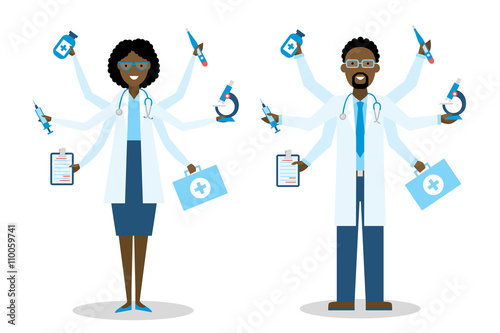 African American Medical Doctor on white multitasking concept.