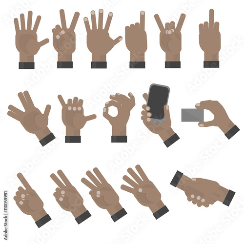 Swarthy hands gesturing set on white background. Shaka, holding a phone, card, handshaking, peace and victory pointing, rock, vulcan salute gesturing. Counting. Swarthy or african american.