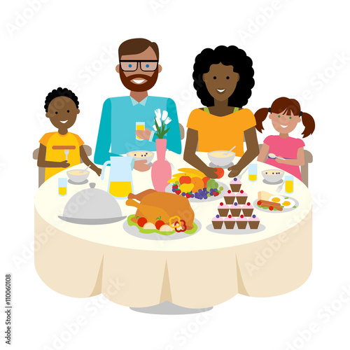 Happy multicultural family dinner table. Thanksgiving celebration. Cake and turkey. Holiday togetherness.