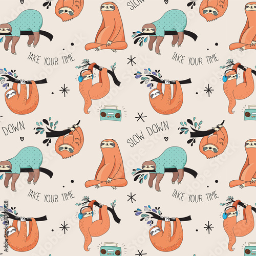 Cute hand drawn sloths illustrations, seamless pattern