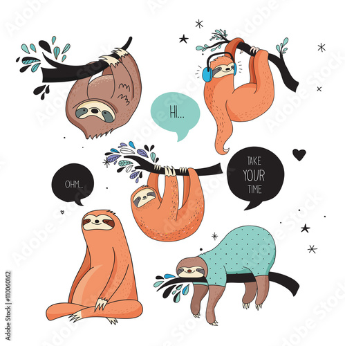Cute hand drawn sloths illustrations, funny vector design