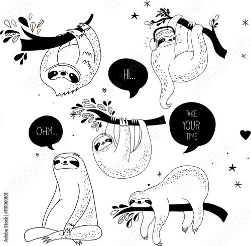 Cute hand drawn sloths illustrations, funny vector design