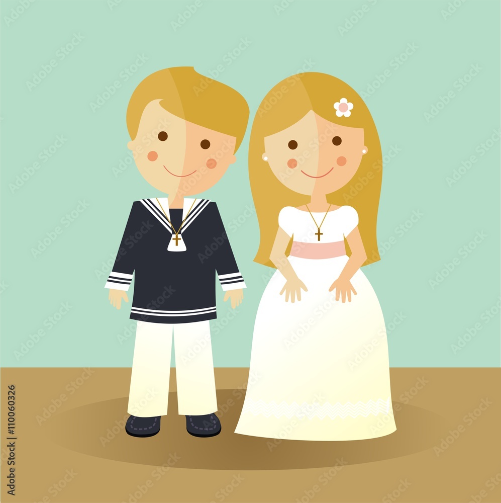 Primera comunión. Niños con ropa elegante. Niña con un vestido blanco Primera comunión. Niños con ropa elegante. Niña con un vestido blanco