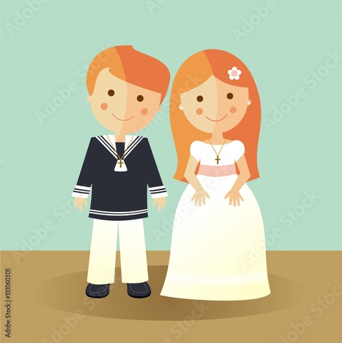 Primera comunión. Niños con ropa elegante. Niña con un vestido blanco