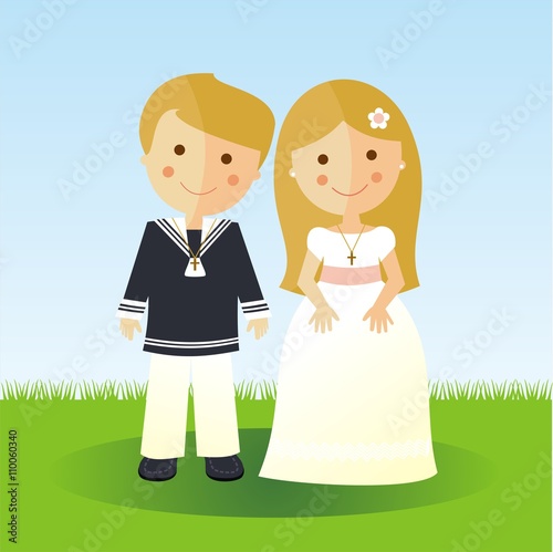 Primera comunión. Niños con ropa elegante. Niña con un vestido blanco sobre un fondo de jardín