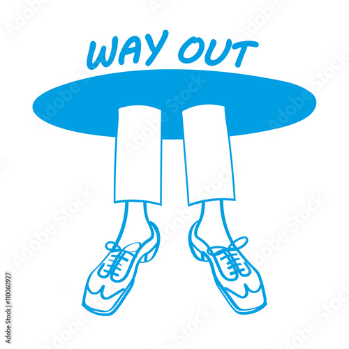 Escape from your life or job concept with a pair of legs and feet in business clothes disappearing through a hole in the ceiling