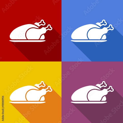 Icono plano pollo asado con sombra en varios colores