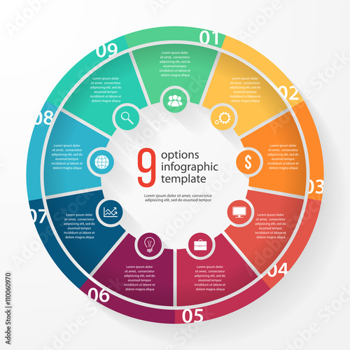 Vector business pie chart template for graphs, charts, diagrams. Business circle infographic concept with 9 options, parts, steps, processes.