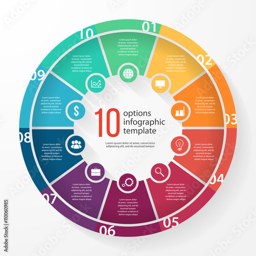 Vector business pie chart template for graphs, charts, diagrams. Business circle infographic concept with 10 options, parts, steps, processes.