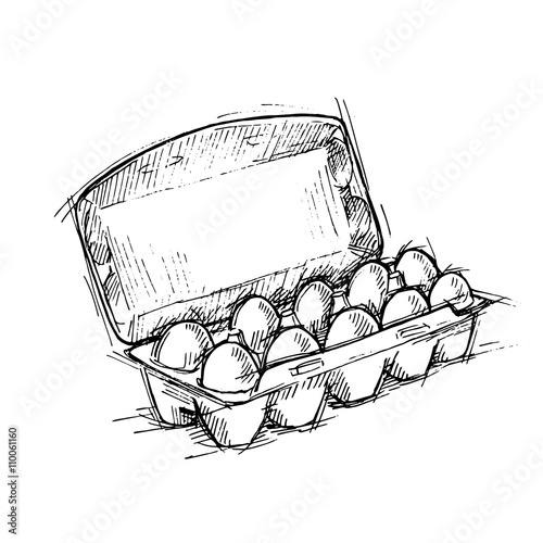 Hand drawn illustration - Box of Eggs on white background. Sketc