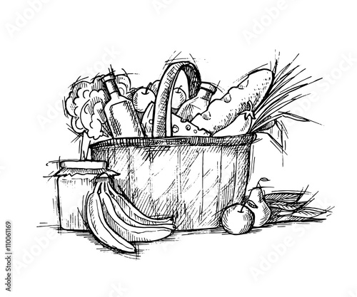 Hand drawn illustration - shopping cart With Food. Sketch.