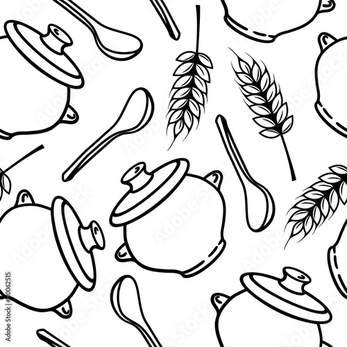 Vector seamless pattern with spikes, pots and spoons