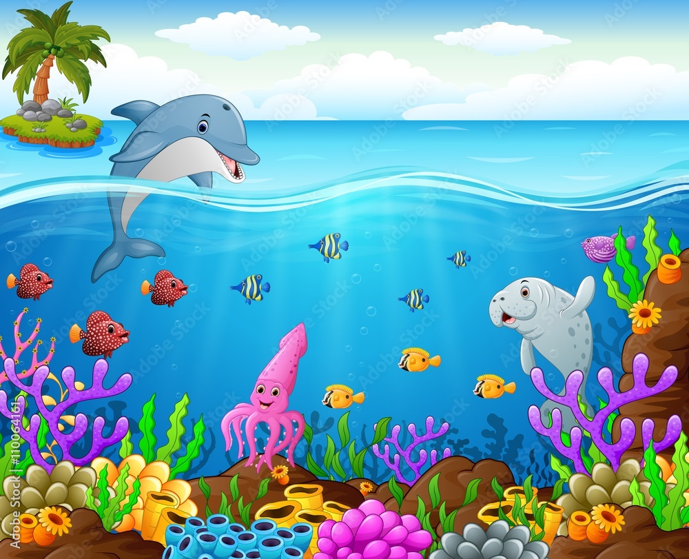 Obraz premium Cartoon fish under the sea
