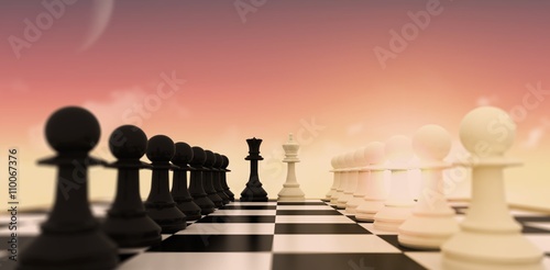 Composite image of white and black pawns facing off with king an