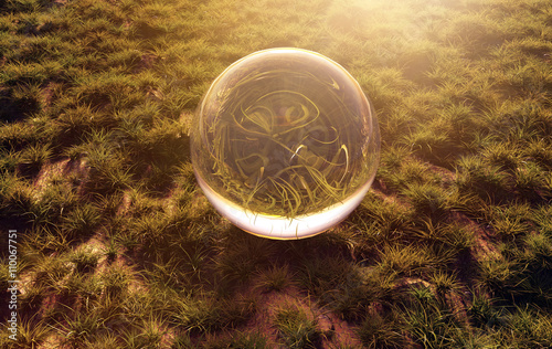 3d rendering of crystal ball on green grass in the morning sunsh photo