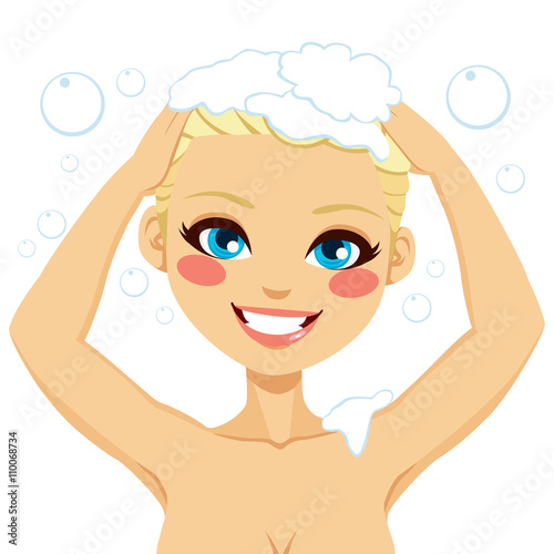 Beautiful blonde woman washing hair with shampoo