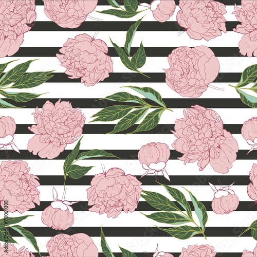 Vector seamless pattern of peony in trendy pantone  colour rose quartz. Hand drawn floral Wrapping paper, wallpaper, print for greeting card, invitations, wedding. 