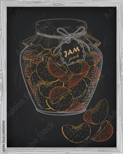 beautiful jar of homemade jam with peach on a black background