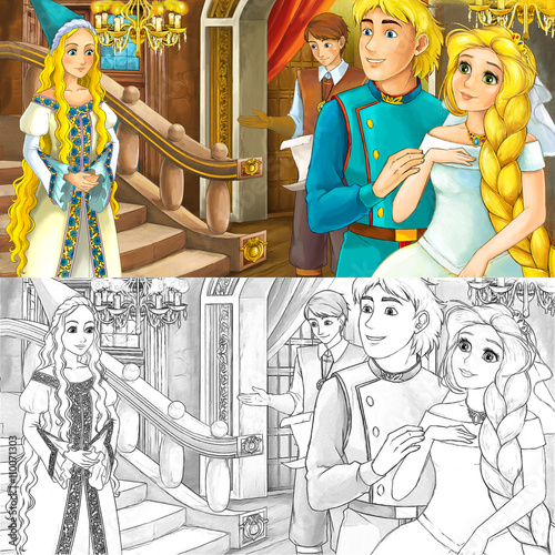 Cartoon scene of a prince and princess in the castle - with coloring page - illustration for children