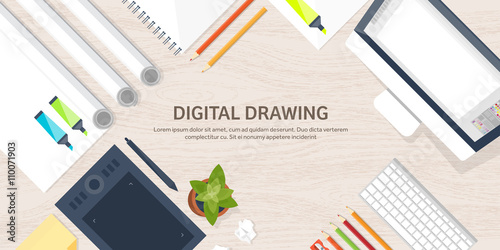 Graphic web design. Drawing and painting. Development. Illustration, sketching, freelance. User interface. UI. Computer, laptop. Wood texture.