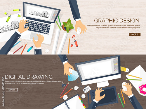 Graphic web design. Drawing and painting. Development. Illustration, sketching, freelance. User interface. UI. Computer, laptop. Wood texture.