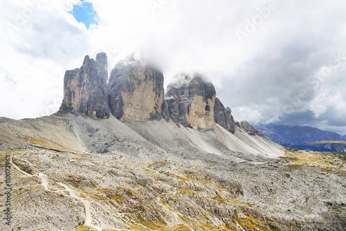 Tre Cime Di Lavaredo, are three distinctive battlement-like peaks, in the Sexten Dolomites of northeastern Italy, Europe, September 2015