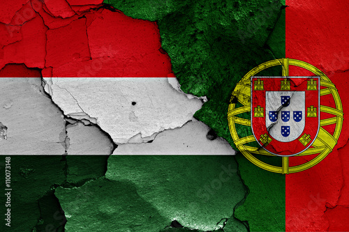 flags of Hungary and Portugal painted on cracked wall