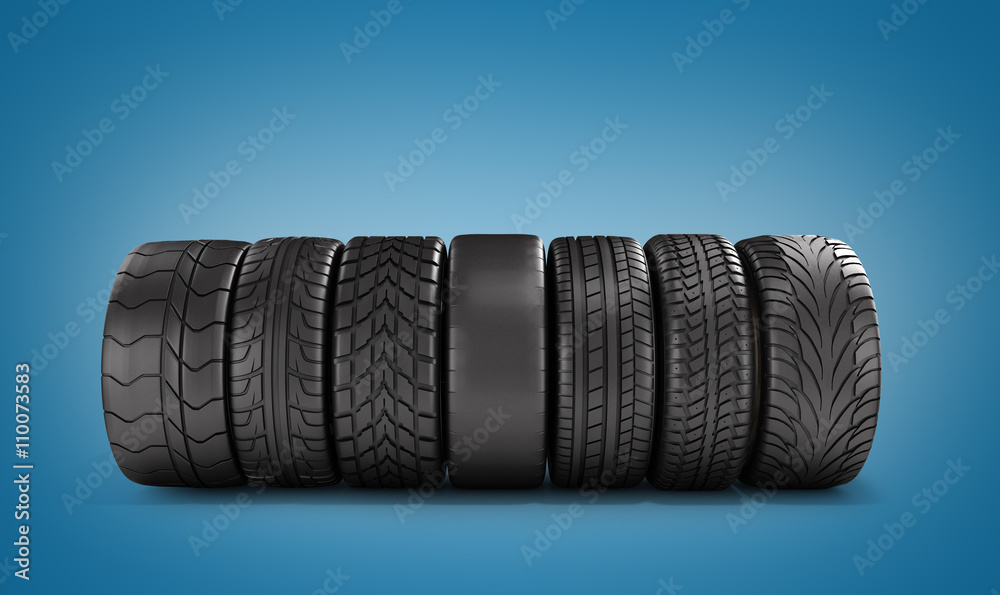 Obraz premium car wheels stand in a row 3d illustration