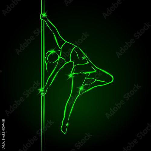 Girl on the pole. Pole dance vector neon illustration.