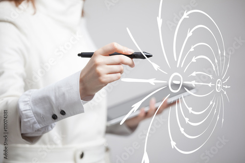 Young woman, physics teacher draws a diagram of the electric field