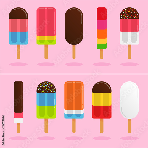 Ice cream vector illustration set with 10 different frozen icecream icon in flat lay style isolated on pink background.