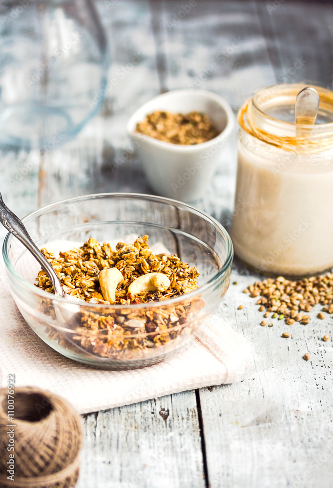 granola with cashews and banana, vegan milk, breakfast granola with cashews and banana, vegan milk, breakfast