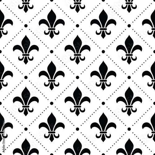 French Damask background - Fleur de lis black pattern on white 