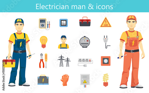 Electrician man concept and color flat icons set isolated.