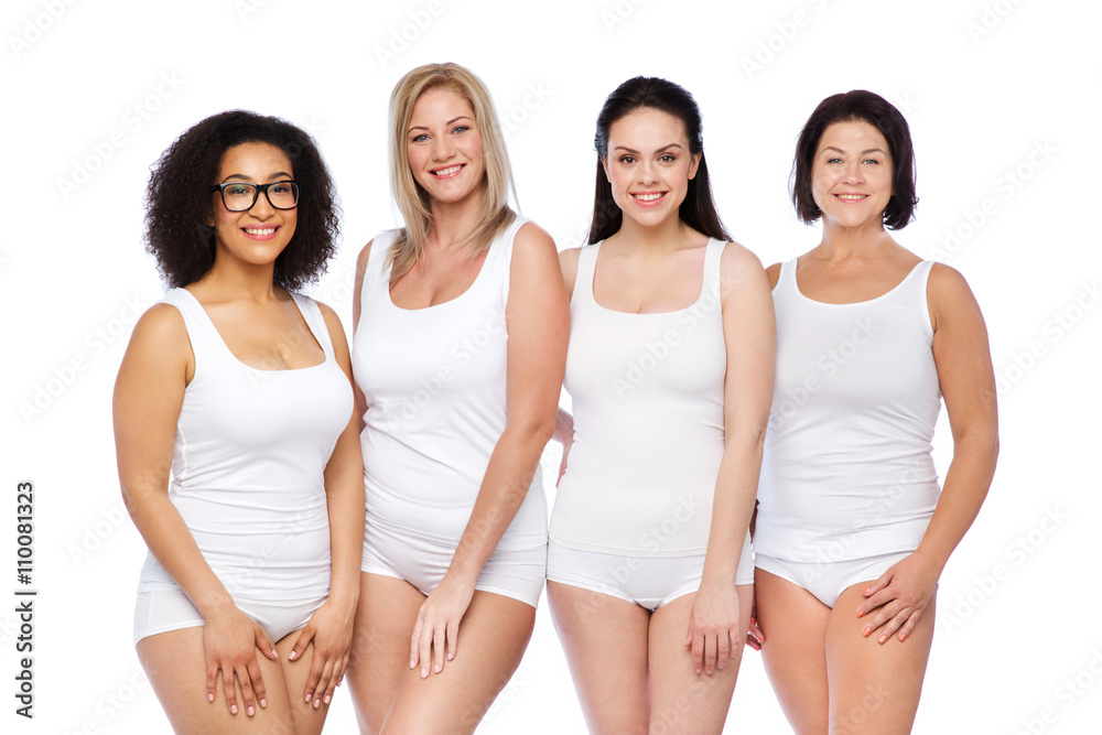 group of happy different women in white underwear group of happy different women in white underwear