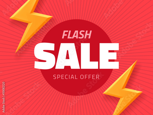 Vector flash sale design with thunder vector illustration, pink background banner with lightning for business design