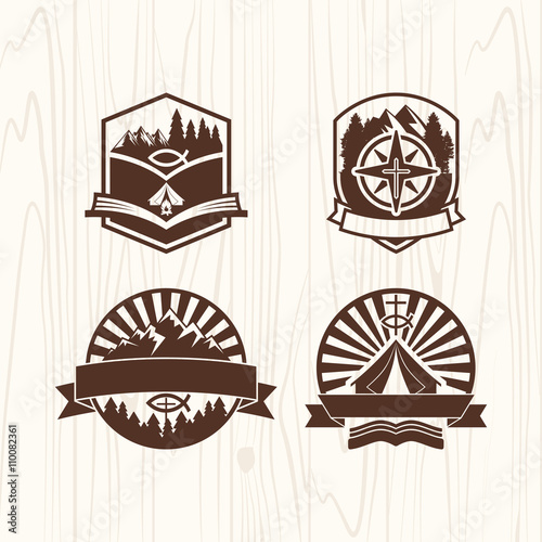 Christian summer camp badges logos and labels for any use, on wooden background texture