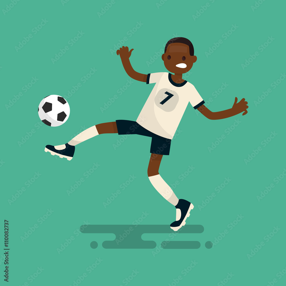 Dark-skinned soccer player scores a goal. Vector illustration