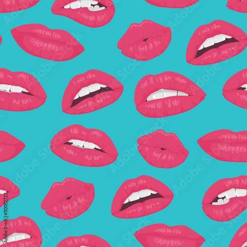 Vintage pink red lips kiss seamless pattern on blue background.
