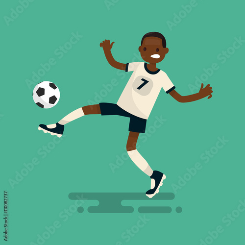 Dark-skinned soccer player scores a goal. Vector illustration