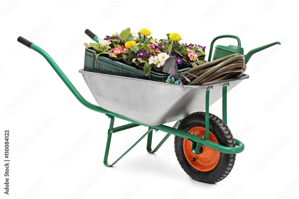Wheelbarrow full of gardening equipment