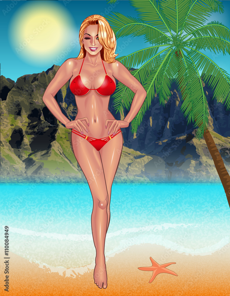 Beautifil young woman with perfect body in red bikini resting on the beach, Sexy  girl. Beach girl. Summer girl. Bikini girl. Summer time. Hot girl. Perfect  body. vector de Stock | Adobe