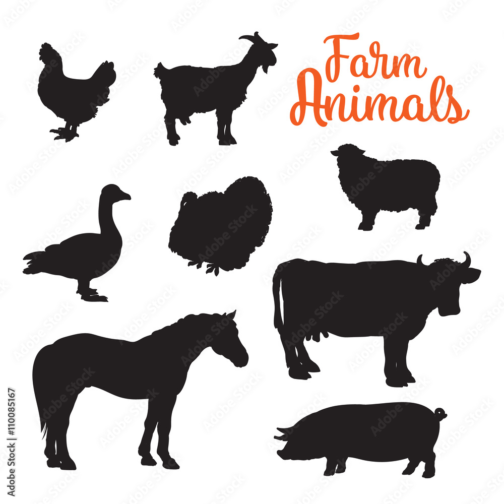 Black contours drenched farm animals, goose cow horse pig and goat kurischtsa turkey, animals isolated on white background set of different animals bird cattle, black logos and icons