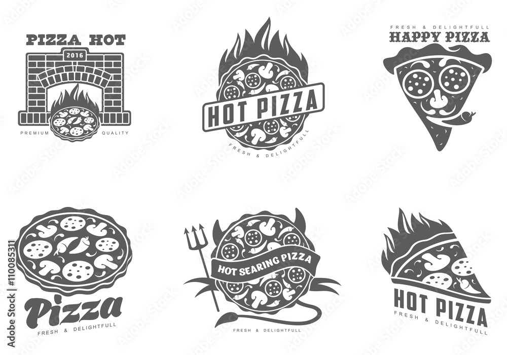 Logos pizza, fast food, vector monochrome badges pizza, pizza with mushrooms, salami, in the oven, slice of pizza with peppers, hot Italian fast food, labels for food products, cafe, restaurant Logos pizza, fast food, vector monochrome badges pizza, pizza with mushrooms, salami, in the oven, slice of pizza with peppers, hot Italian fast food, labels for food products, cafe, restaurant