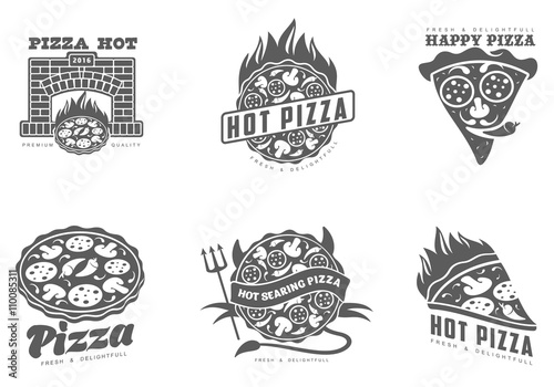 Logos pizza, fast food, vector monochrome badges pizza, pizza with mushrooms, salami, in the oven, slice of pizza with peppers, hot Italian fast food, labels for food products, cafe, restaurant