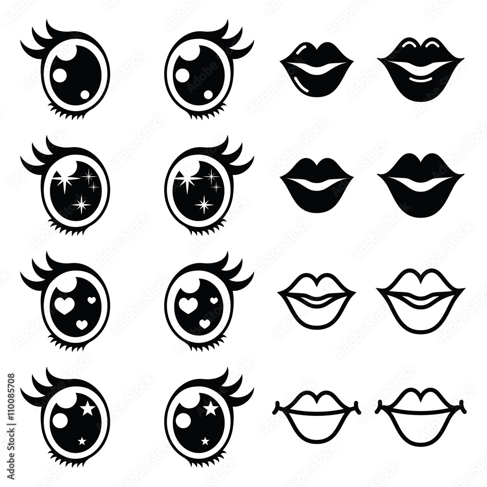 Obraz premium Kawaii cute eyes and lips icons set, Kawaii character
